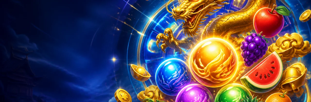 Banner nổ hũ với rồng vàng, ngọc sáng và vòng quay năng lượng